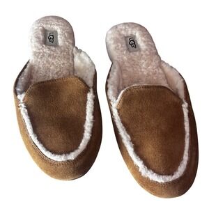 UGG Lane Chestnut Suede Shearling Sheepskin Loafer Mules Womens 9 Brown EUC